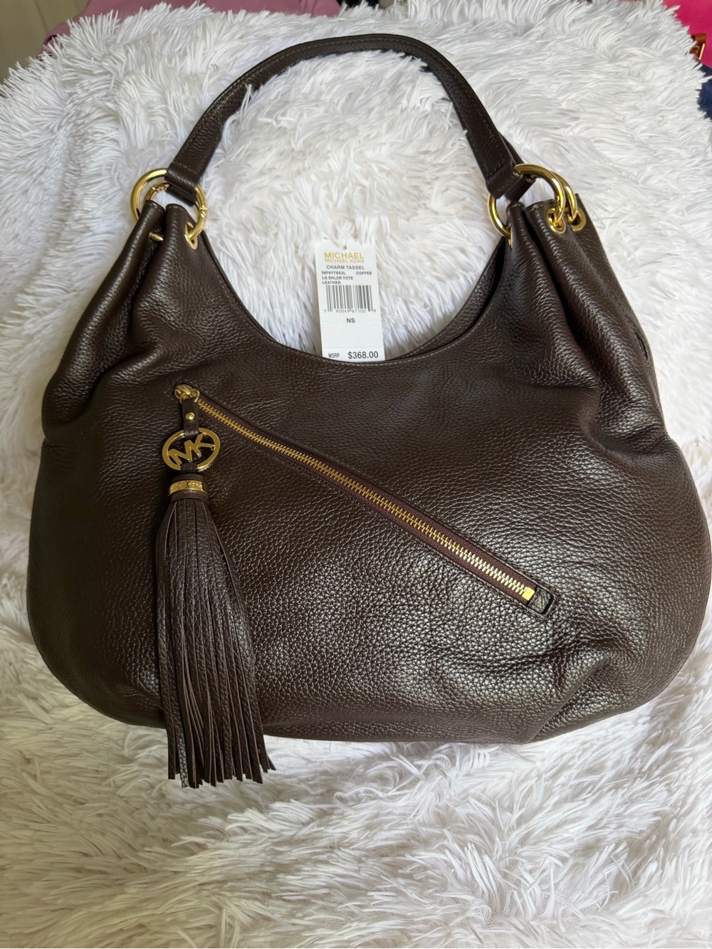 Michael Kors Charm Tassel Large Leather Shoulder Tote Hobo Coffee Brown